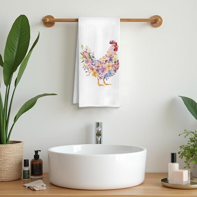 Rustic Floral Chicken Kitchen Towels, Chicken Lover Mom Lady Gifts Dish Tea Towels, Farmhouse Flower Rooster Hen Decorative Hand Towel for Bathroom Kitchen, 16x24 Inch