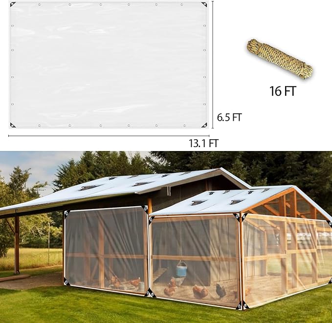 6.5 * 13.1 Thickened Chicken Coop Cover for Winter, Waterproof & Anti-Tear Chicken Coop Insulation with Rope, Chicken Run Sidewalls, Windproof Clear Chicken Coop Tarp for Chicken Run