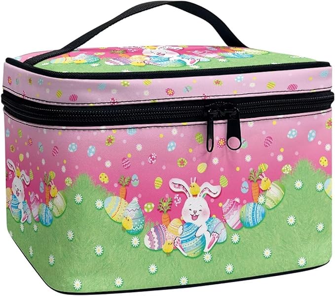 Rabbit Easter Egg Floral Grass Print Travel Makeup Bags for Women Portable Tote Cosmetic Case with Carry Handle Toiletry Accessories Storage Organizer Bags