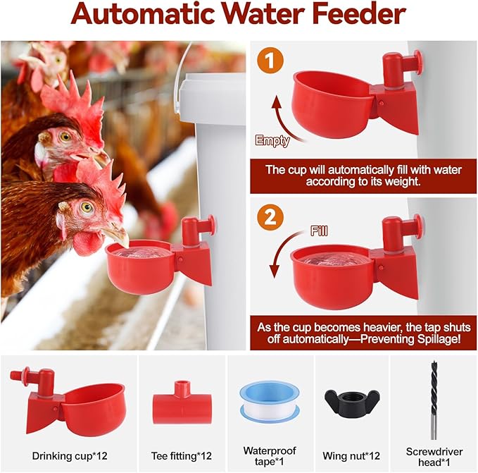 Kalolary Automatic Chicken Waterer Cups, 12 Packs Tee Fittings Poultry Drinking Cups for Chick, Bunny, Goose,Duck,Turkey,Professional Poultry Water Container Come with Hole Open Drill Bit (Red)