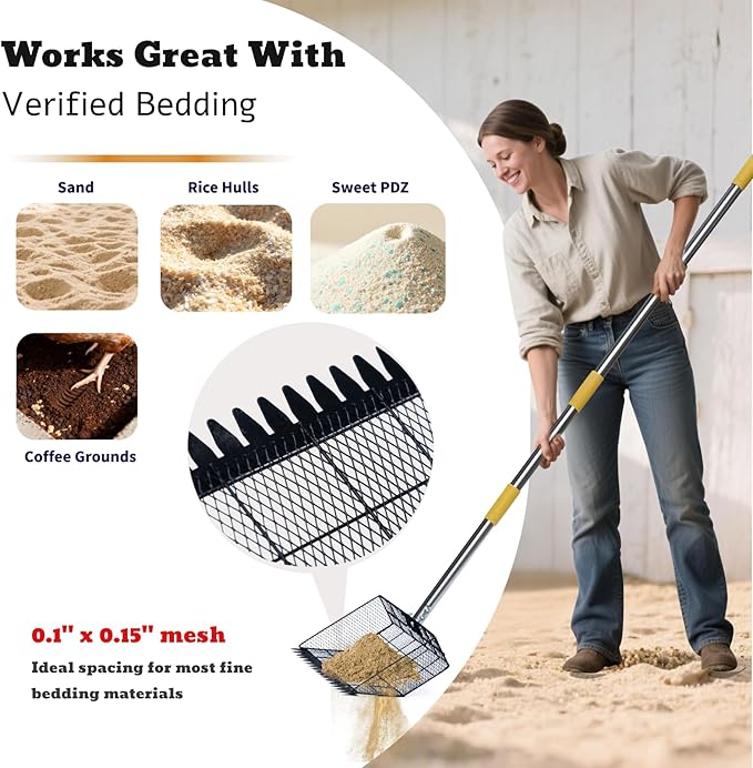 Chicken Coop Poop Scooper Rake for Sand - Lightweight Metal Cleaning Tool,Adjustable 24"-65" Handle, 12" Wide Sifter Shovel for Chicken Run,Litter Box,Dog Yard, Rabbit Hutch,Kids Sandboxes