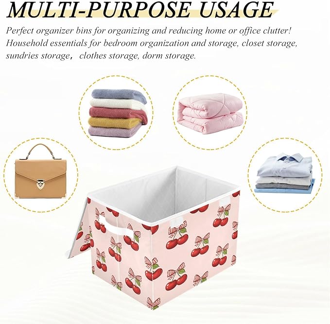 Cherry Bows Pattern Storage Bins with Lids Foldable Storage Basket with Handles Collapsible Large Fabric Organizer Containers for Clothes Shelves Closet Office Home