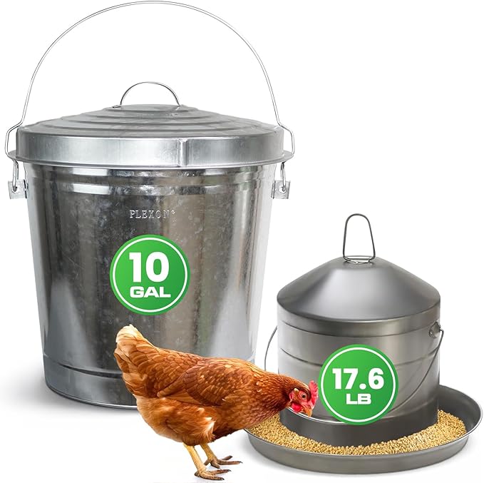 Plexon 17.6 Lb Poultry Feeder Stainless Steel Hanging Chicken Feeder no Waste Food-Grade with 10 Gallon Galvanized Storage Bucket with Locking Lid for Bird Seed Chicken Feed, Bundle
