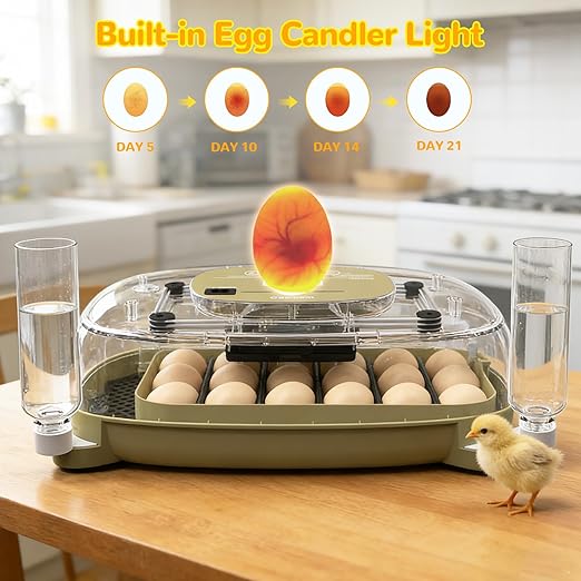 24 Egg Incubator with Temperature Control & Humidity Monitoring, Automatic Egg Turner, Built-in Egg Candler, 360° Clear View for Hatching Chicken, Duck, Quail Eggs - Ideal for Home, Classroom, Farm