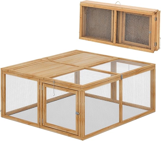 MoNiBloom Foldable Chicken Run Wood Chicken Coop Rabbit Hutch No Assembly Required Indoor/Outdoor Small Animal Nesting Box Habitat Enclosure Spacious Pet Playpen, 45.5" L x 42.5" W x 20" H, Natural