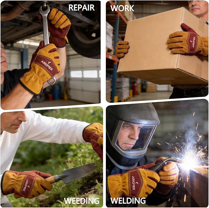 Leather Work Gloves for Men, Heavy-Duty Welding Gloves XL for MIG TIG Welding, Gardening, Construction, Farm, Wood Chopping Cowhide with Cotton Liner Safety Thorn Proof Gloves Hand Protection