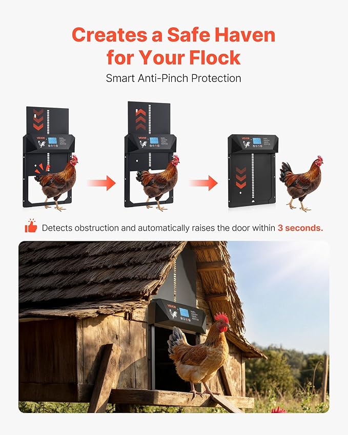 VEVOR Automatic Chicken Coop Door, DC & Battery Powered Chicken Door with LCD Display, Light Sensor, Timer & Manual Setting, Anti-Pinch Security, Durable Aluminum Alloy, Chick Run Gate Opener for Farm