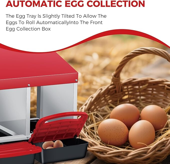 Chicken Nesting Boxes, Metal Rollaway Chicken Nest Box with Rollout Egg Collection, Removable Tray & Nesting Pads, Egg Laying Box for Chicken Coop Hens, Wall Mount or Standing, 3 Compartments, Red