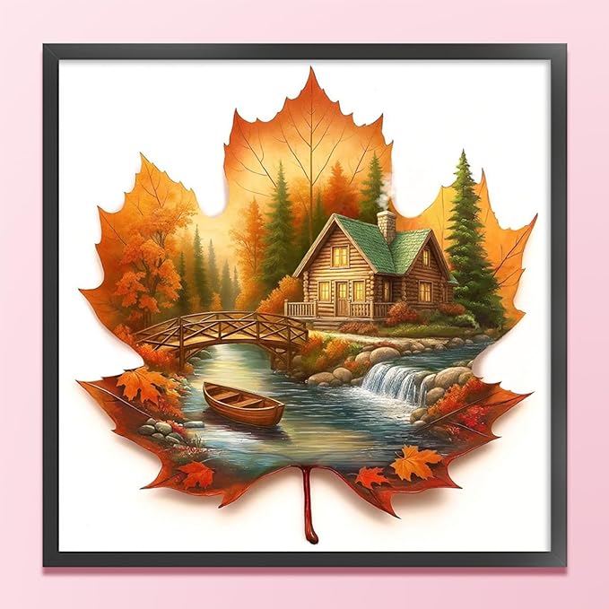 Maple Leaf Cabin Stamped Cross Stitch Kits for Adults Beginners - 45x45cm 11CT Pre-Printed Embroidery Needlepoint Starter Kit, DIY Craft Perfect for Fall Home Wall Decor, Thanksgiving Gift,