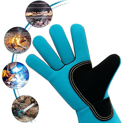 23.6" Leather Welding Gloves, 932℉ Heat-Resistant Long Gauntlet for MIG/TIG/Stick, Bite-Resistant Animal Handling, BBQ/Fireplace/Gardening, Reinforced Palm, Blue