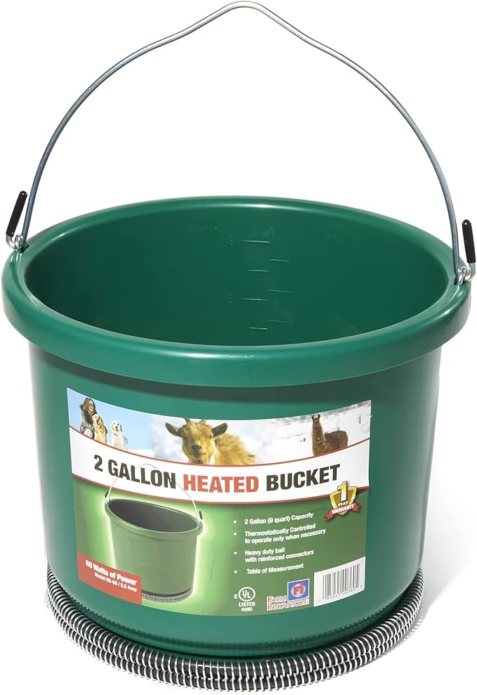 Farm Innovators HB-60 9 Quart 2 Gallon Plastic Heated Bucket w/Metal Handle, Built in Thermostat, & Anti Chew Cord Protector, 60 Watt, Green (3 Pack)
