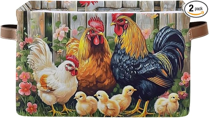 ALAZA Rooster Chicken Hen Garden Farm Foldable Storage Box Storage Basket Canvas Storage Bin with Handle Rectangular Decorative Fabric File Box for Shelf Closet, 2 Pack
