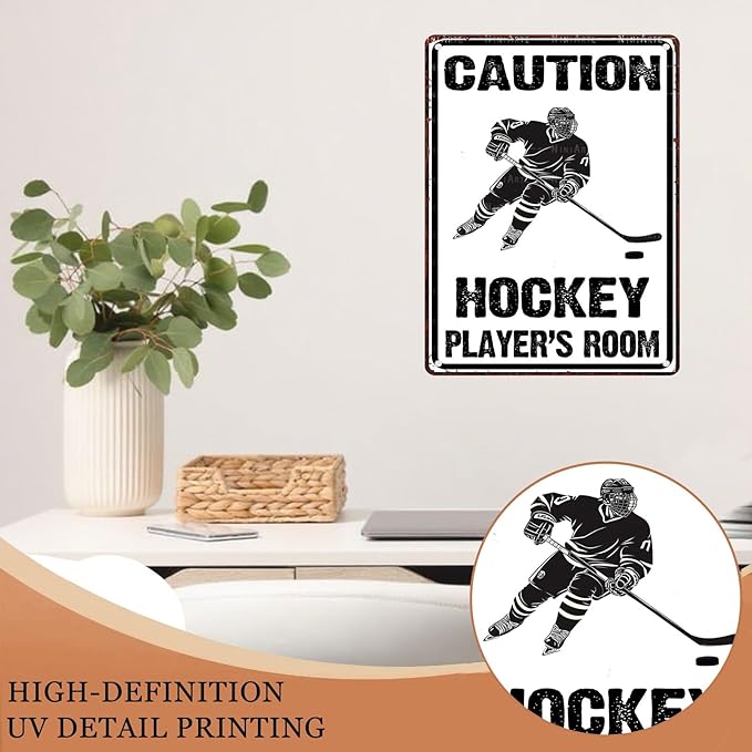Hockey Metal Tin Sign Caution Hockey Player's Room Vintage Sign for Man Cave Decor Sports Wall Decor Hockey Party Decorations Hockey Fans Sign Front Door Sign 12X16Inch