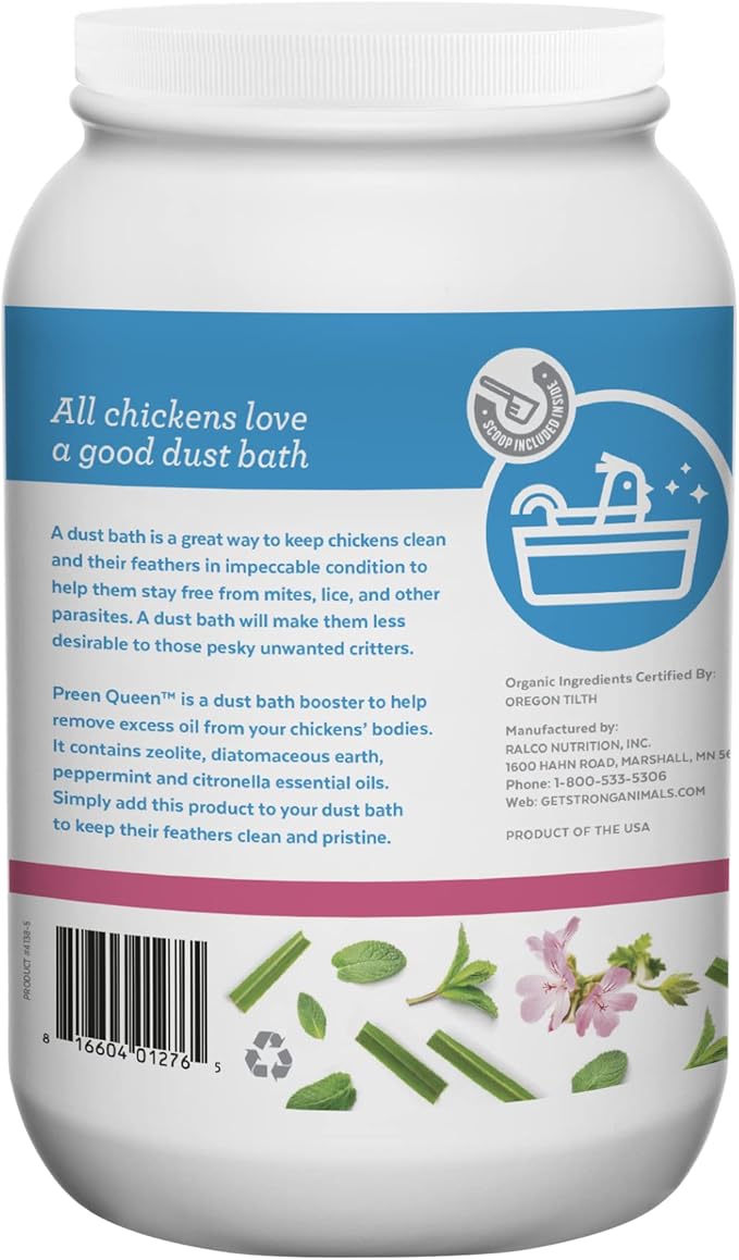 Preen Queen Dust Bath Additive for Chickens - Helps Remove Excess Oils & Keep Feathers Clean with Peppermint & Citronella Essential Oils (5 lb. Jar)