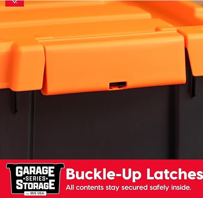 IRIS USA 4 Pack Lockable Storage Bins, Heavy Duty Stackable Containers with Lids for Garage Organization or Moving, 20 Gallon, Black/Orange