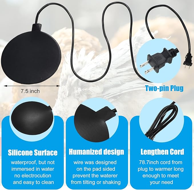 3 PCS Poultry Water Heater Base, 57W Heated Chicken Waterer, Anti Scald 7.5" Black Silicone Chicken Water Heater Pad for Winter with Plug 6.5 Feet Wire