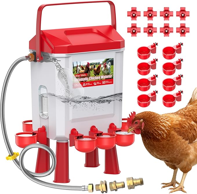 Automatic Chicken Waterer, 10L Poultry Watering System with Visible Water Level Window, Auto Refill Hose and Float Valve, Chicken Water Feeder with Cups or Nipples for Backyard Chickens