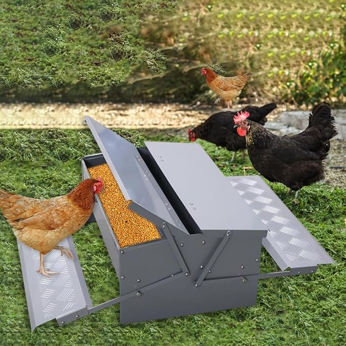 Automatic Chicken Feeder Treadle Feeding Trough, No Waste 25lbs Large Capacity Capacity Double-Side Treadle Auto Poultry Feeder, with Weatherproof Lid for for 6-12 Hens Fowl Duck
