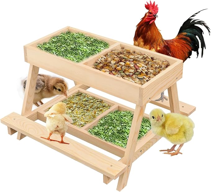 Chicken feeder,squirrel picnic table feeder,poultry feeder,chicken coop decor,Chicken Feeder No Waste Kit with Picnic Table,Two stainless steel mesh screens keep food clean and dry (wood color)