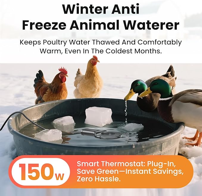 150W Submersible Cast Aluminum De-Icer – Thermostatic Chicken Water Heater for Livestock Tanks & Winter Bird Baths, Energy-Efficient Anti-Freeze Utility Heater, Black