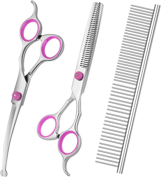 Dog Grooming Scissors with Safety Round Tips Stainless Steel Professional Pet Grooming scissors Kit - Thinning, Curved Scissors and Comb for Dogs Cats - Pink