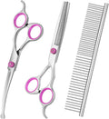 Dog Grooming Scissors with Safety Round Tips Stainless Steel Professional Pet Grooming scissors Kit - Thinning, Curved Scissors and Comb for Dogs Cats - Pink