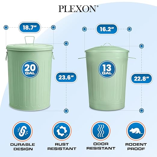 Plexon 20 Gallon Metal Trash Can and 13 Gallon Metal Trash Cans with Lids Outdoor Garbage Cans Heavy Duty Galvanized Buckets with Lids for Garage Workshop Ash Storage Farmhouse, Bundle