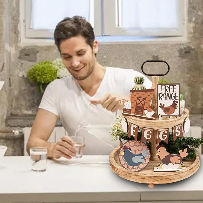 13 PCS Tiered Tray Decor Set for All Seasons-Farm Chicken Rustic Wooden Tiered Tray Sign，Hen Eggs Chik Decorative for Home Kitchen Table Shelf Bar