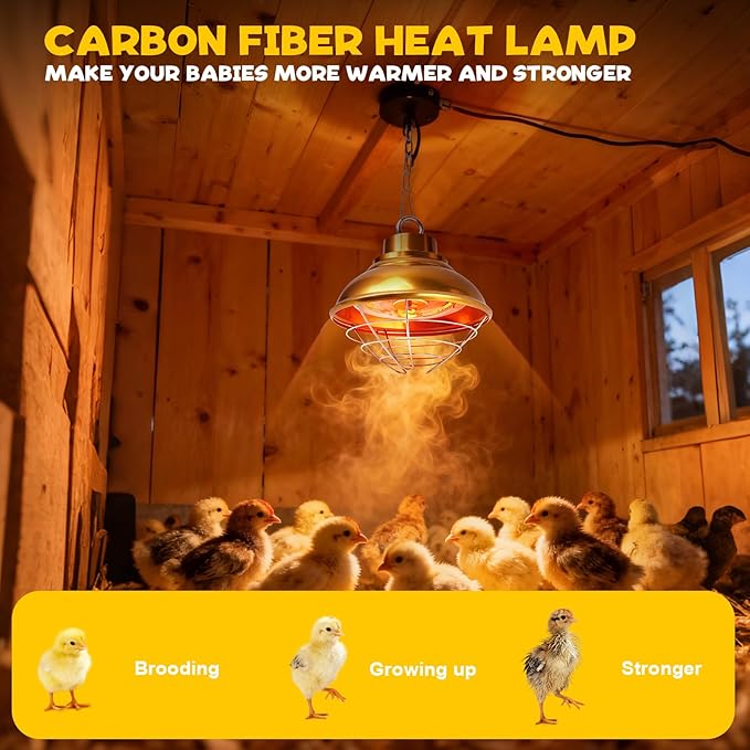 Chicken Heat Lamp Carbon Fiber Tube Brooder Heater Lamps for Chicks,Adjustable 2 Temperature Hanging Chicken Warmer for Livestock Dog Kennel,Cat House,Round 175W/350W