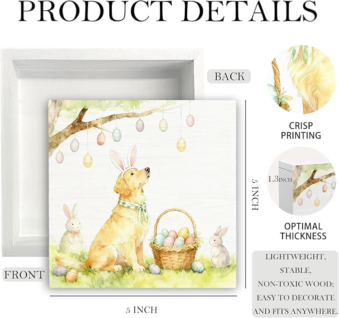 Easter Golden Retriever Dog Wooden Box Sign Desk Decor, Spring Easter Egg Rabbit Ear Golden Retriever Wood Signs for Home Office Desk Table Shelf Decorations, 5x5 Inch