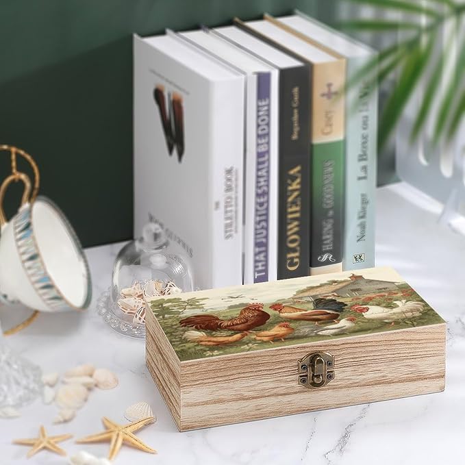 Chickens And Farm Wooden Storage Boxes with Hinged Lid Beautifully Keepsake Boxes Wood Jewelry Box Jewellery Organiser & Trinket Holder Gift for Men & Women 7.9" X 3.9" X 2.3"