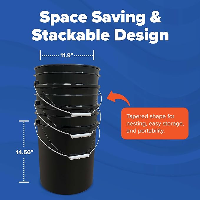 5 Gallon Bucket Only | Made in USA | Food Grade | Durable 90 Mil All Purpose Pail | BPA Free | Premium HPDE | Easy Stack and Store | Lids Not Included (Black, 60)