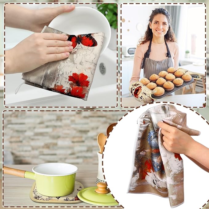 10 Pcs Butterfly Kitchen Dish Towels Rugs Oven Mitts and Pot Holders Set Farmhouse Kitchen Decor Set for Women Mom Daughter Gift Cooking Baking Grilling(Classic Colors)