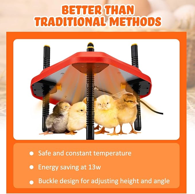 Chick Heating Plate 10x10 Inch, 13W Adjustable Brooder Heater Set with Chick Feeder & Waterer, Safe Low Watt Warming Plate with Adjustable Height for Chicks, Quail & Duck