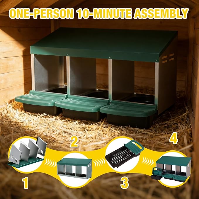 Aivituvin Chicken Nesting Box, 3 Compartments Chicken Egg Laying Box, Metal Nesting Boxes with Swing Perch for Chickens, Roll Away Egg Collection for Chicken Coop (Green)