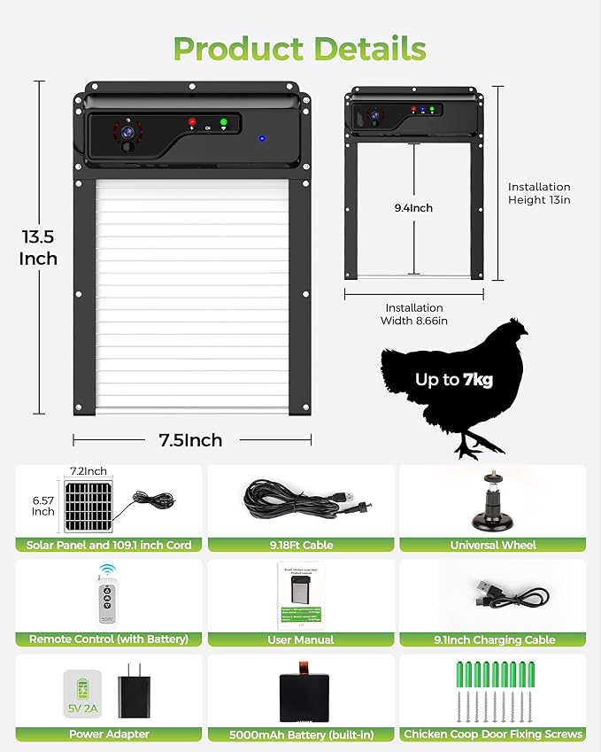 WiFi Automatic Chicken Coop Door,App&Remote Control Chicken Door with 1080P HD Camera,5000mAh Battery,Timer,Anti-Pinch Protection & Security Alarm,Solar Powered or USB Charging