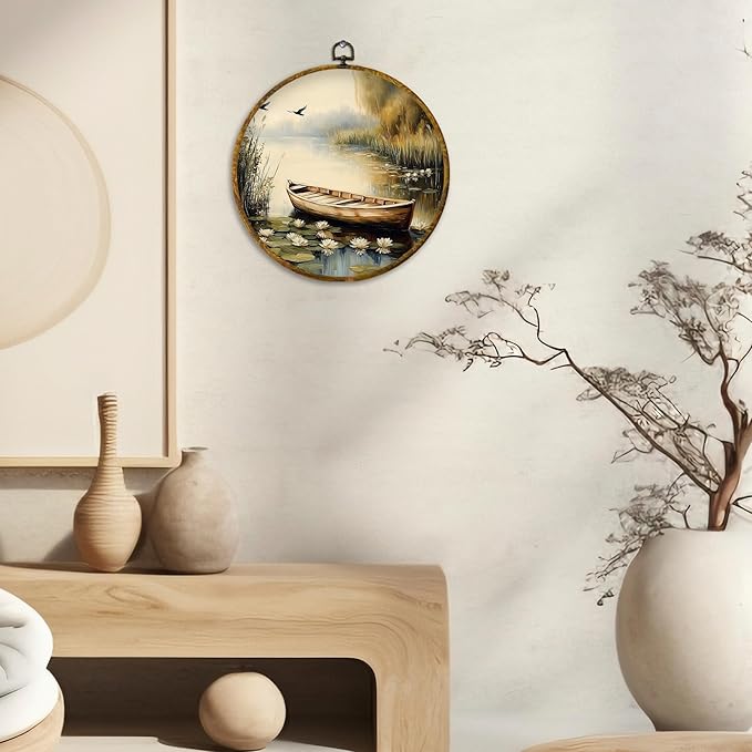 CUANFDDSF Vintage Rustic Farmhouse Round Wall Art, Nature Rowboat on Pond Framed Hanging Wall Decor, Cottagecore Lakeside Landscape Canvas Prints Decorations for Home Bedroom Living Room, 10x10 Inch
