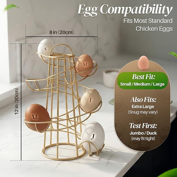 Flexzion Egg Skelter Modern Spiral Egg Holder Countertop (Medium Egg Display) - Freestanding Wired Countertop Egg Holder for Fresh Eggs, Dispenser Stand, Storage Rack for Kitchen, Gold