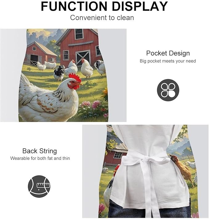 Chickens And Farm Chef Apron for Men Women with 2 Pockets Water & Oil Resistant Bib Aprons Adjustable Neck Strap & Long Ties Work Apron for Cooking Grilling Serving Crafts Gardening