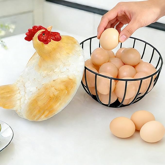 Chicken Egg Basket, Egg Storage Basket with Chicken Cover Chickens Eggs Holder Countertop for Gathering Eggs Black Wire Collection Baskes Decorative Storage Container for Kitchen Counter