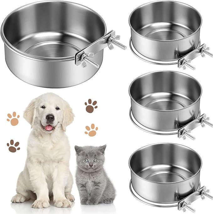 Zopeal 4 Pcs Stainless Steel Dog Bowls for Kennel Hanging 1 Quart Dog Feeder Crate Water Bowl Cage No Spill Puppy Bowls Pet Food Holder for Large and Medium Dogs Guinea Pig Rabbit Chicken Coop Cup