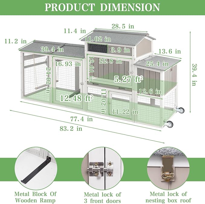 Chicken Coop Mobile Wooden Hen House with Nesting Box,166.4" L Outdoor Chicken House with 4 Wheels and Removable Tray,Fir Wood Chicken Tractor with 12 Ventilation Doors and 2 Ramps,Grey