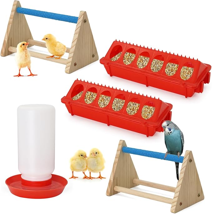Chick Feeder and Waterer Kit with Mini Perch Chick Starter Kit for Small Poultry Ducks/Quail, Coop Brooder Feeding Supplies