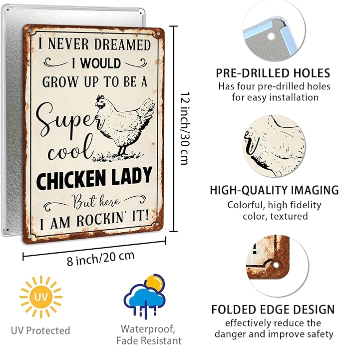 Vintage Metal Chicken Lady Sign - 8x12 Inch Wall Decor for Farmhouse & Chicken Coop