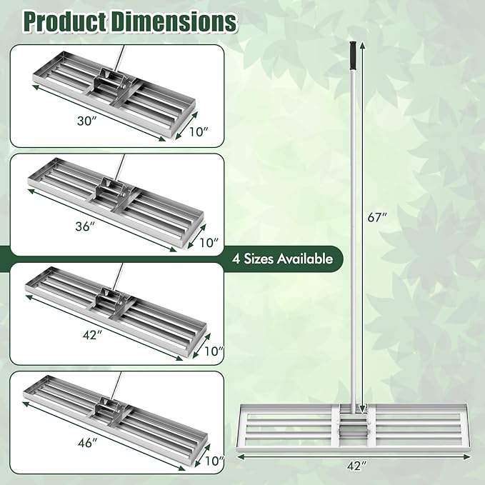 Happygrill Lawn Leveling Rake, Heavy Duty Lawn Level Tool for Soil w/67” Handle, Dirt Ground Leveler, Effort-Saving Landscape Rake for Garden, Backyard, Golf Course, Farm, Pasture (42" x 10", Silver)