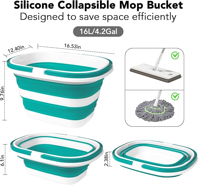 2 Pack Collapsible Mop Bucket, 16L(4.2 Gal) Plastic Bucket for House Cleaning, Car Washing, Silicone Cleaning Supplier Organizer, Portable Basket with Handle for Laundry Storage, RV Camping, Fishing