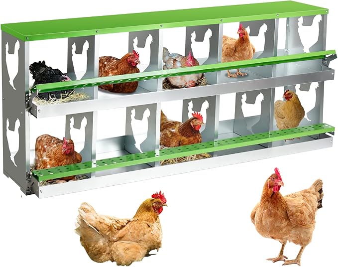Chicken Nesting Box for Laying Eggs,10 Hole Roll Away Nesting Boxes,Chicken Laying Boxes with Large Vented Holes,Wall-Mountable Chicken Coop Nesting Boxes,Metal Laying Boxes for Hens,Ducks(Green)