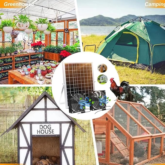 15W18v Solar Powered Dual Fan Kit IPX6 Waterproof - 5" High Speed Cooling for Chicken Coop, Barn, RV, Dog House, Green Energy, Automatic Exhaust Fan with Cable (Easy to Install)