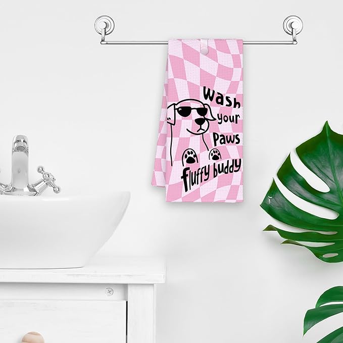 Pink Funny Dog Bathroom Kitchen Towels, Wash Your Paws Hand Towel for Girly Room, Cute Puppy Gifts for Dog Lovers, Trendy Preppy Checkered Dish Towels Decor for Dorm 16x24in
