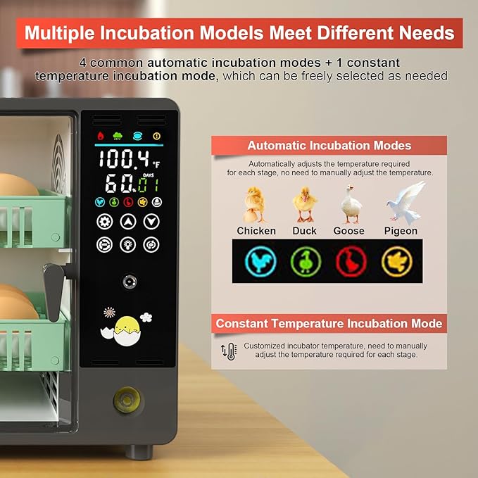 Incubators for Hatching 24 Eggs, Egg Incubator Automatic Egg Turner, Ultrasonic Atomized Humidifier, Chicken Incubator Temperature Control with 5 Automatic Incubation Modes, Auto Day Count